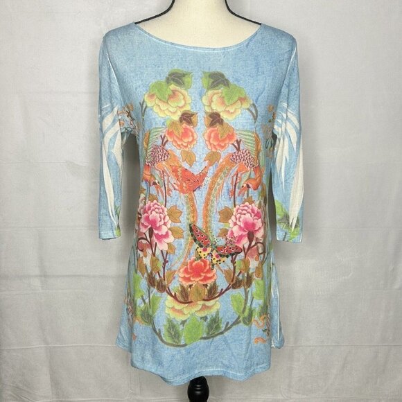 Mushka Tops - MUSHKA by SIENNA ROSE Sublimated Butterfly Bird Design 3/4 Sleeves Knit Top Sz M